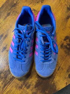 adidas Blue Suede Platform Sneakers with Pink Accents GAZELLE